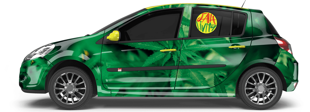 Jah Livity branded ganja delivery car in Negril, Jamaica